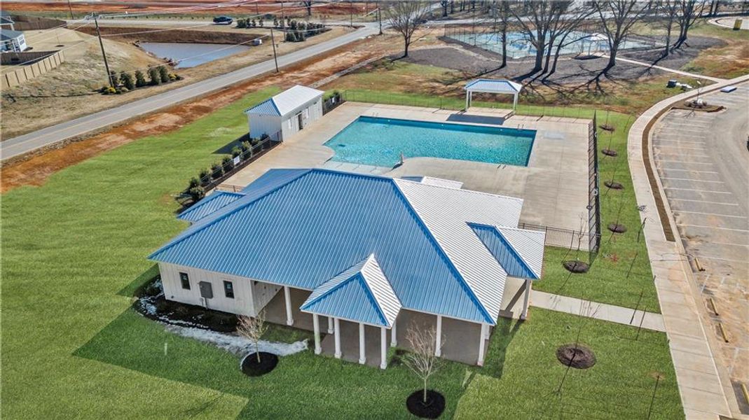 This aerial view showcases a vibrant community poo