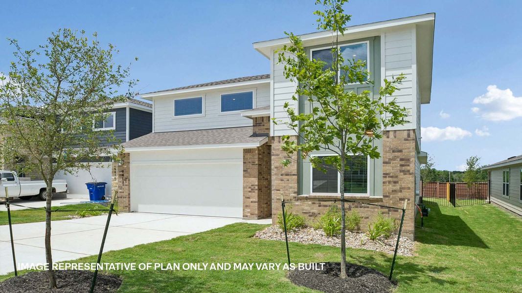 Representative exterior photo of a completed home built from the The Mitchell by D.R. Horton in Trails at Wildhorse, Austin, TX (Image 19).