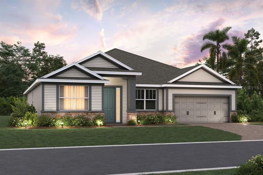 Front exterior of a new home in Emerson Pointe, Apopka, FL, highlighting curb appeal (Image 1). Front exterior of a new home in Emerson Pointe, Apopka, FL, highlighting curb appeal (Image 1).