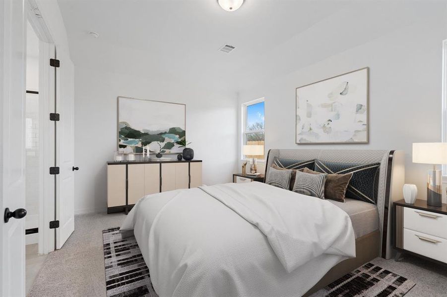 The primary bedroom is generously sized, creating a tranquil and spacious retreat that offers ample room for relaxation. Featuring plush carpet, high ceilings, fresh paint, and large windows that lets in natural lighting throughout the day.