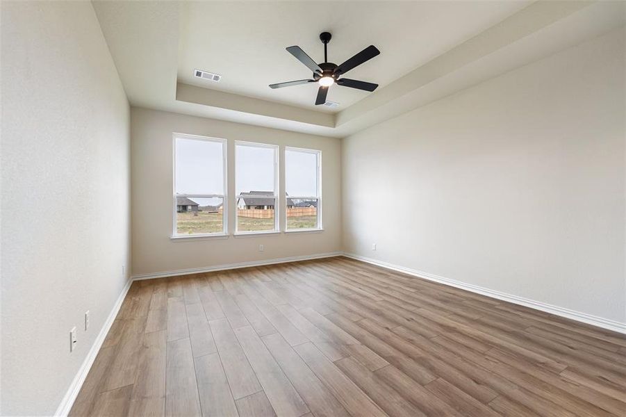 Spare room featuring a raised ceiling, light wood-type flooring, and a ceiling fan