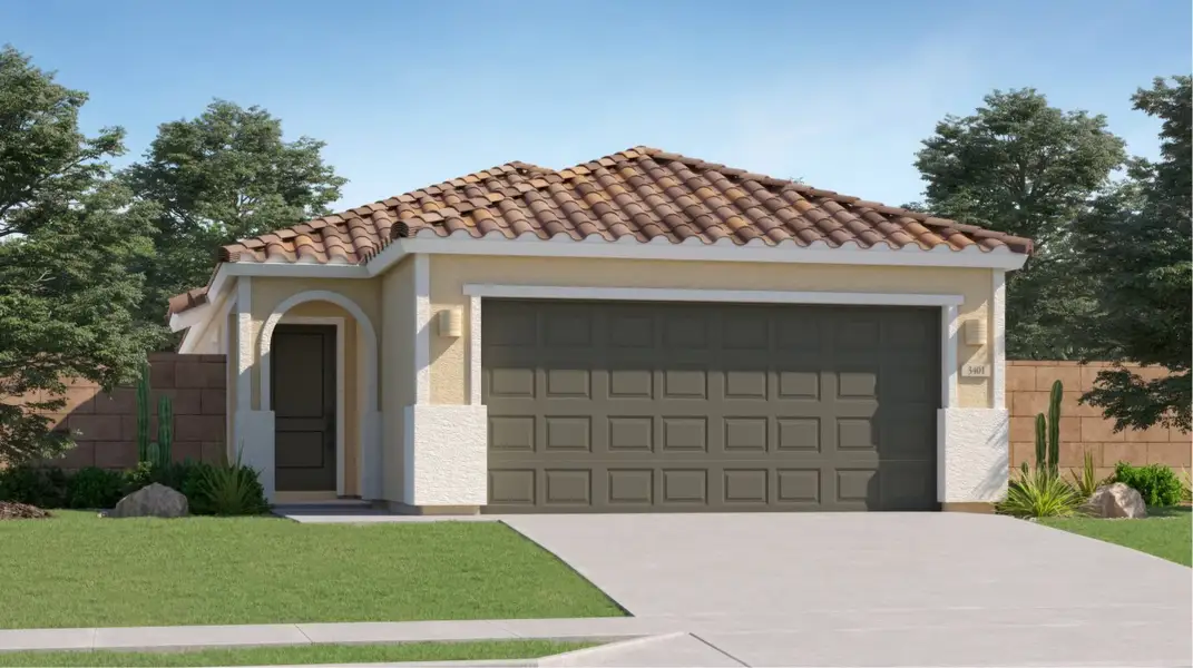 Front exterior of a new home in Asante Heritage | Active Adult, Surprise, AZ, highlighting curb appeal (Image 1). Front exterior of a new home in Asante Heritage | Active Adult, Surprise, AZ, highlighting curb appeal (Image 1).