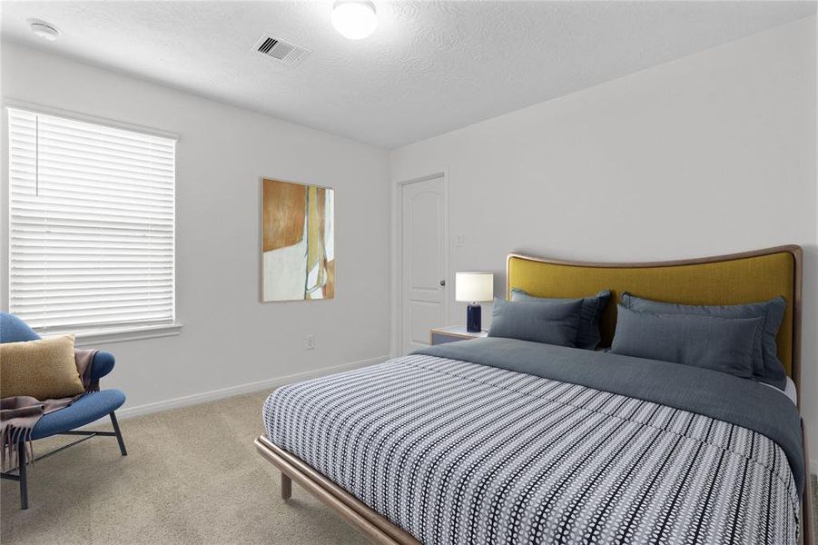 This secondary bedroom features high ceilings, custom paint, plush carpet, and a large window with privacy blinds!