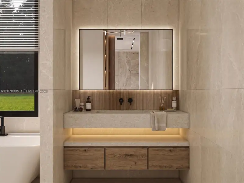Spa-inspired primary bathroom with backlit mirror, floating wood vanity, and modern designer fixtures.