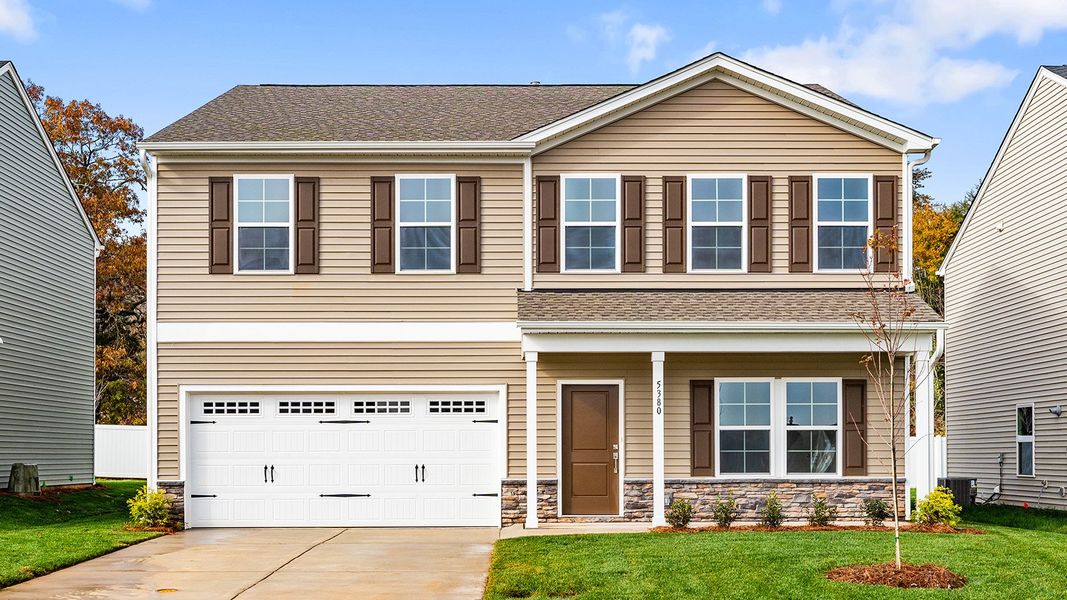 Front exterior of a new home in Hanes Lake, Winston-Salem, NC, highlighting curb appeal (Image 1).