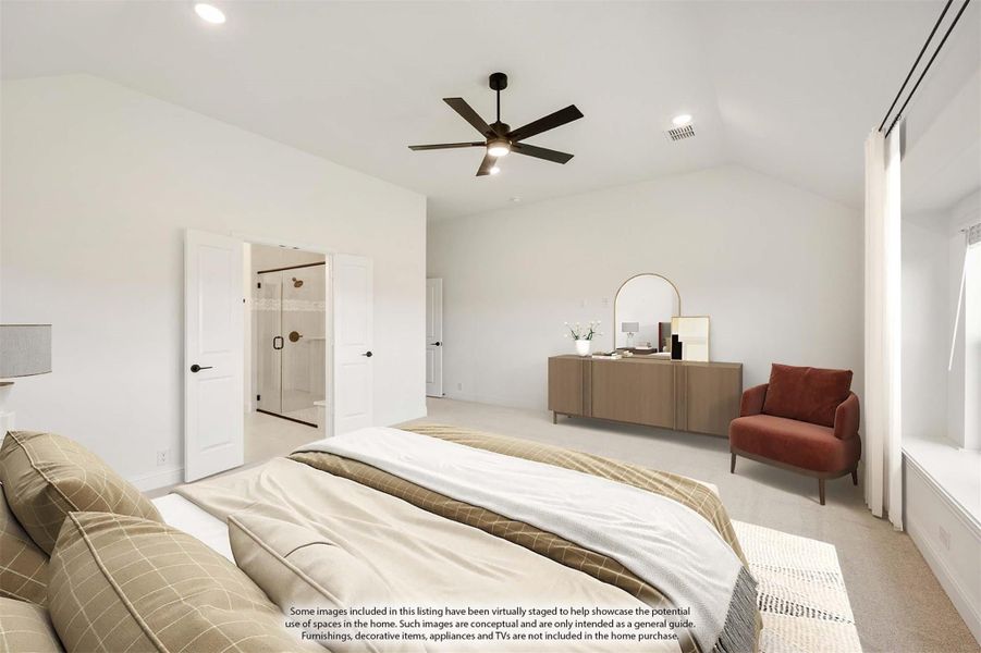 Spacious master bedroom with ceiling fan, carpet flooring, and ensuite bathroom doorway visible