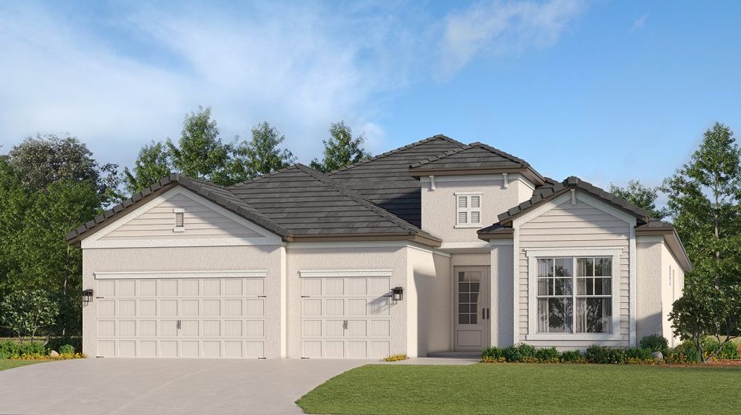 Front exterior of a new home in Calusa Country Club: Manor Homes, Lakewood Ranch, FL, highlighting curb appeal (Image 1).