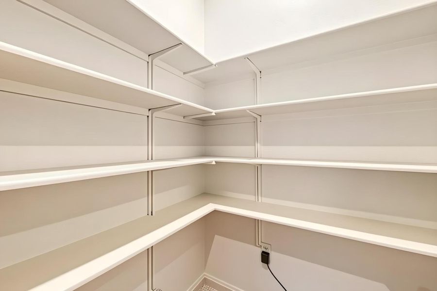 Ample shelving in this well-organized pantry offers abundant storage for culinary essentials. Ample shelving in this well-organized pantry offers abundant storage for culinary essentials.