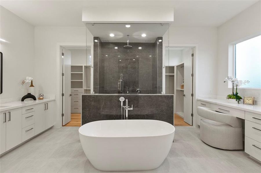 Luxury primary bedroom spa bathroom