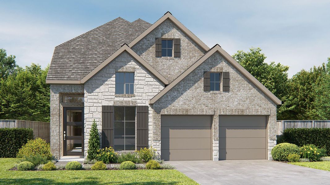 Front exterior of a new home in Meridiana 50', Manvel, TX, highlighting curb appeal (Image 1). Front exterior of a new home in Meridiana 50', Manvel, TX, highlighting curb appeal (Image 1).