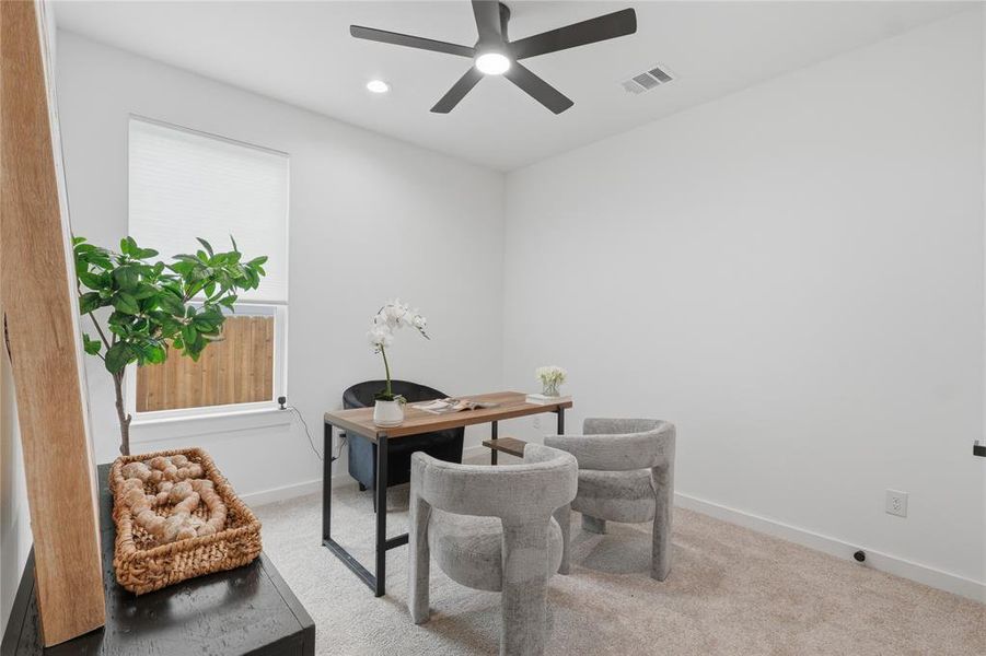 Home office featuring light carpet, a ceiling fan, and recessed lighting Home office featuring light carpet, a ceiling fan, and recessed lighting
