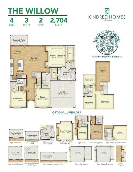 2D floor plan layout for the Willow by Kindred Homes in Dominion Park, Red Oak, TX (Image 5).