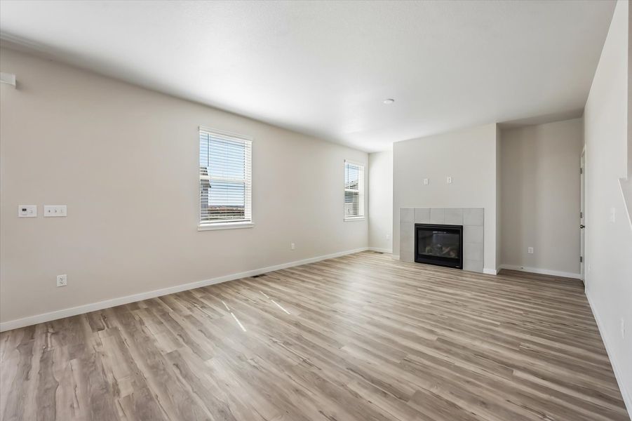 A room with a fireplace.