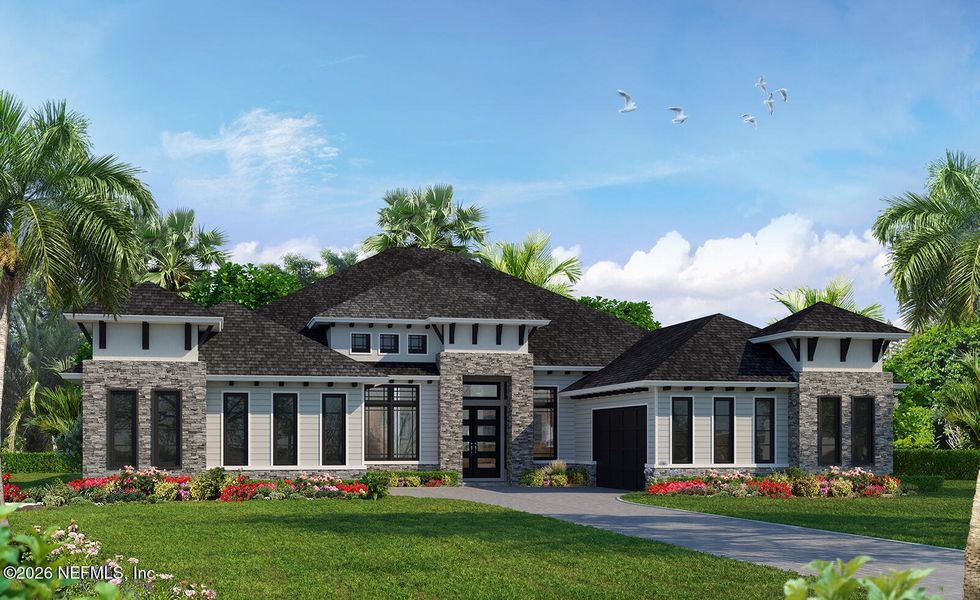 Front exterior of a new home in SilverLeaf, St. Augustine, FL, highlighting curb appeal (Image 1). Front exterior of a new home in SilverLeaf, St. Augustine, FL, highlighting curb appeal (Image 1).