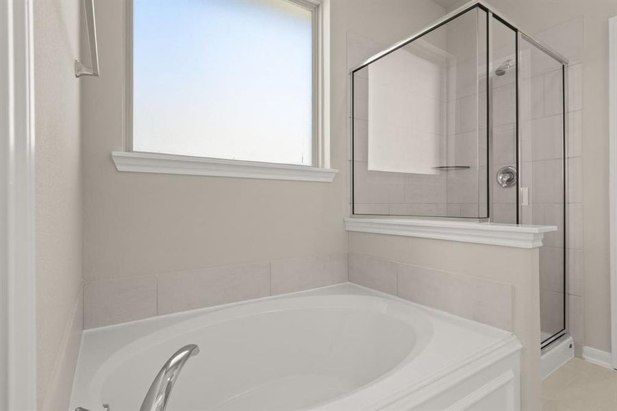 This additional view of your primary bathroom features tile flooring, fresh paint, walk-in shower, a separate garden tub, and a large walk-in closet.