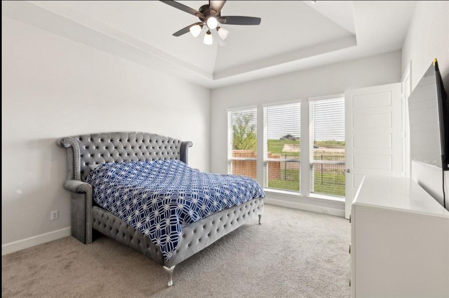 Bedroom featuring carpet flooring, a raised ceiling, and ceiling fan