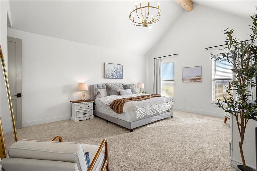 Bedroom featuring a chandelier, beam ceiling, light colored carpet, and high vaulted ceiling