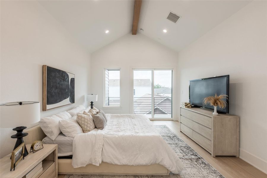 Morning light, a private balcony, and a skyline of Inner Loop rooftops waiting on the other side of the glass. The suite sits high enough to feel tucked away but open enough to catch the first hour of daylight...the kind of bedroom that makes an early start feel less like an obligation.
