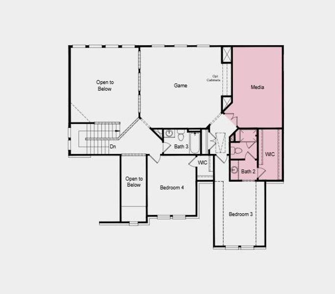 Additional highlights include: Media room in place of bedroom, secondary bedroom in place of study, full bathroom in place of powder room, study in place of formal dining, sliding glass door at gathering room, and extended primary suite and walk-in closet. Additional highlights include: Media room in place of bedroom, secondary bedroom in place of study, full bathroom in place of powder room, study in place of formal dining, sliding glass door at gathering room, and extended primary suite and walk-in closet.