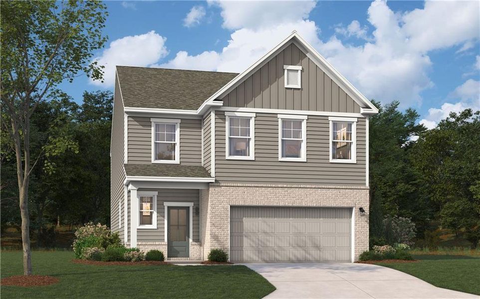 Front exterior of a new home in Annsbury Park, Lilburn, GA, highlighting curb appeal (Image 1).