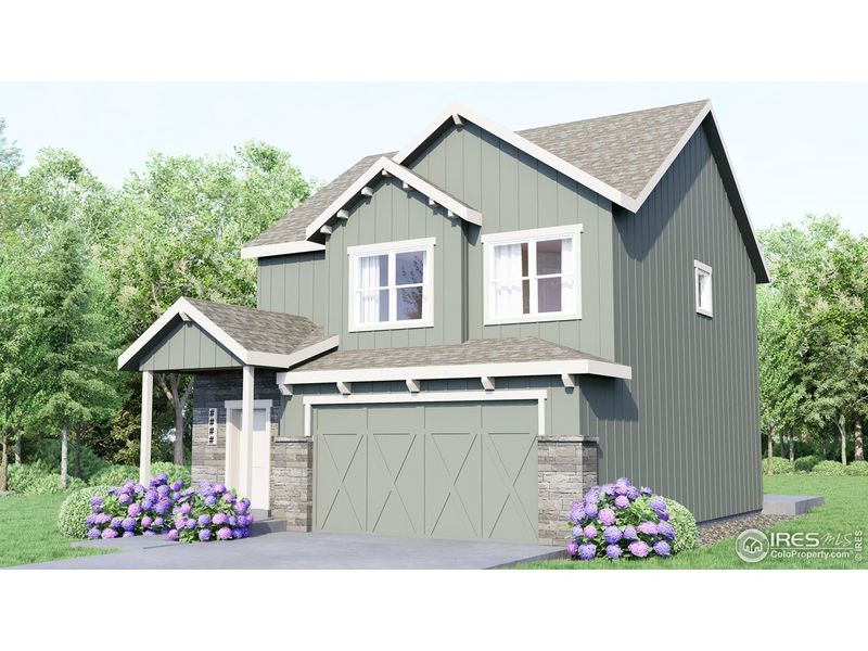 Front exterior of a new home in Wilson Commons, Loveland, CO, highlighting curb appeal (Image 1). Front exterior of a new home in Wilson Commons, Loveland, CO, highlighting curb appeal (Image 1).
