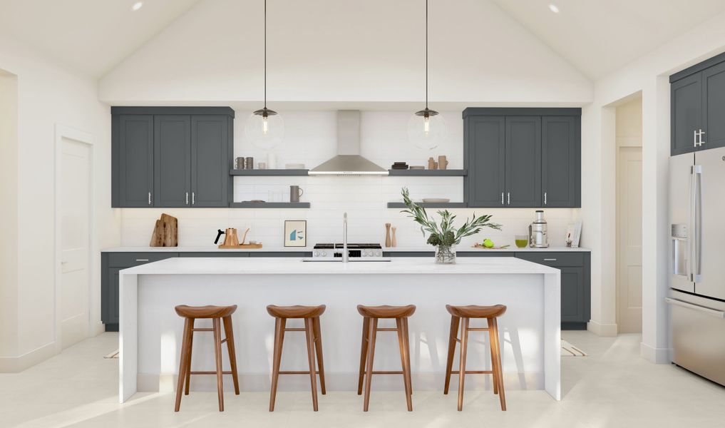 Kitchen with pendant lights & waterfall island