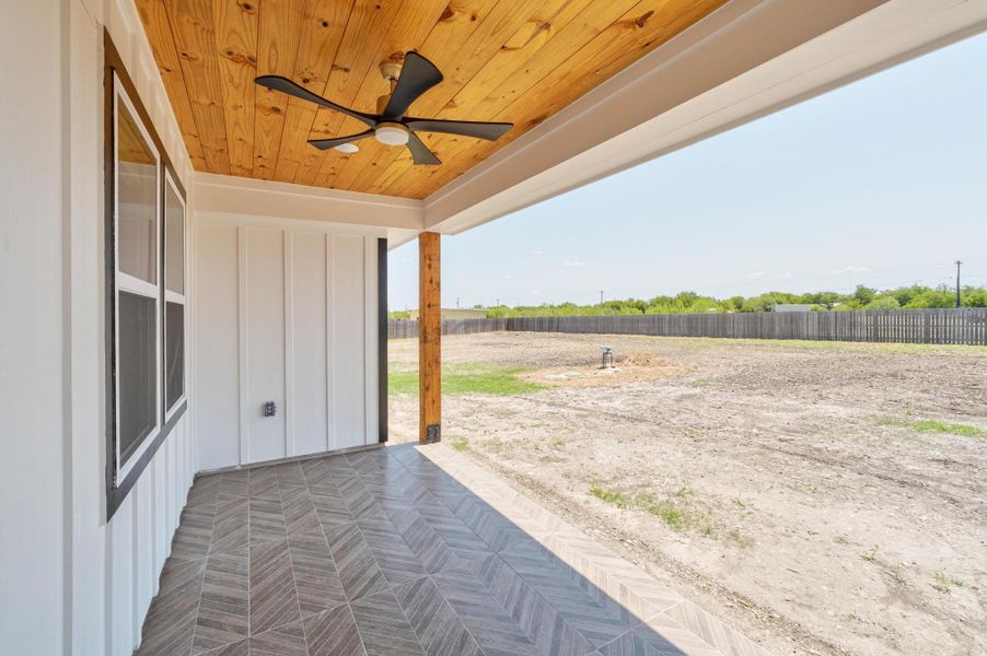 Fenced backyard featuring ceiling fan Fenced backyard featuring ceiling fan