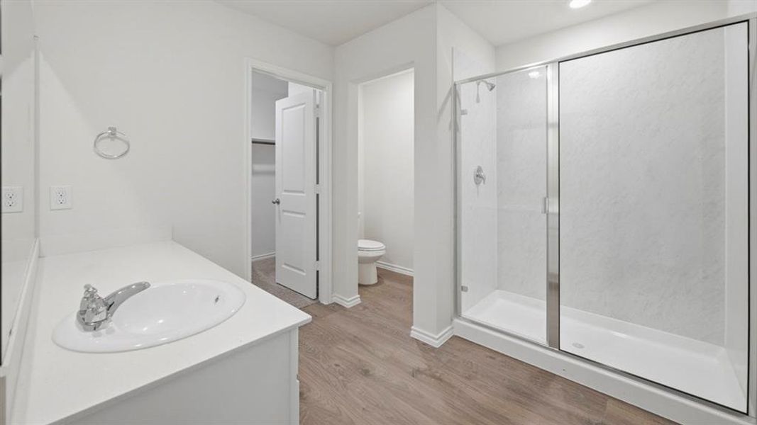 Full bathroom featuring vanity, a stall shower, dark wood-type flooring, a walk in closet, and recessed lighting