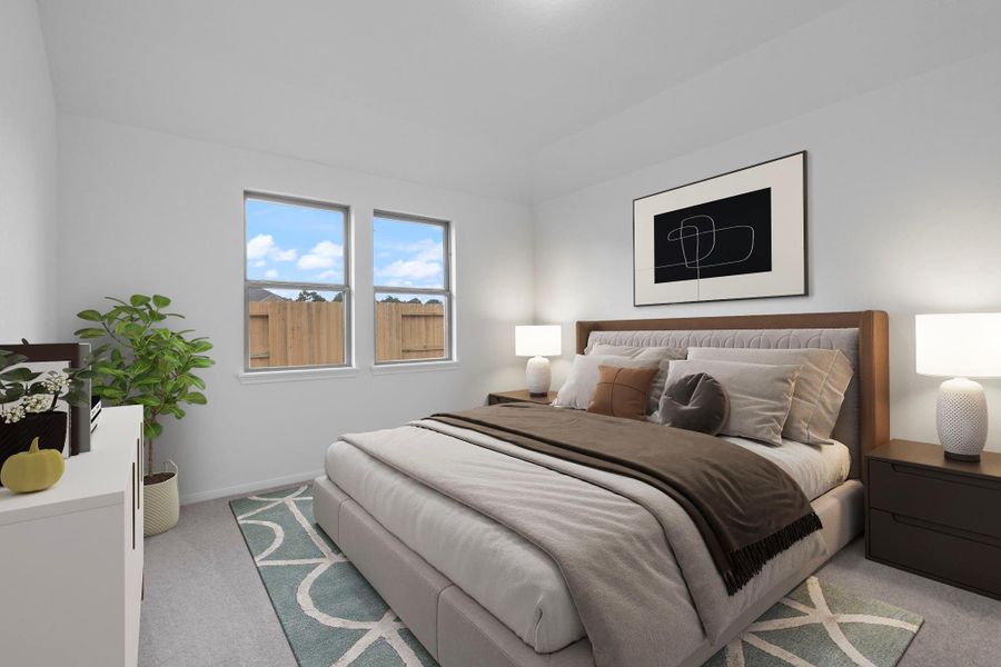 The primary bedroom is generously sized, creating a tranquil and spacious retreat that offers ample room for relaxation. Featuring plush carpet, high ceilings, fresh paint, and large windows that lets in natural lighting throughout the day. The primary bedroom is generously sized, creating a tranquil and spacious retreat that offers ample room for relaxation. Featuring plush carpet, high ceilings, fresh paint, and large windows that lets in natural lighting throughout the day.