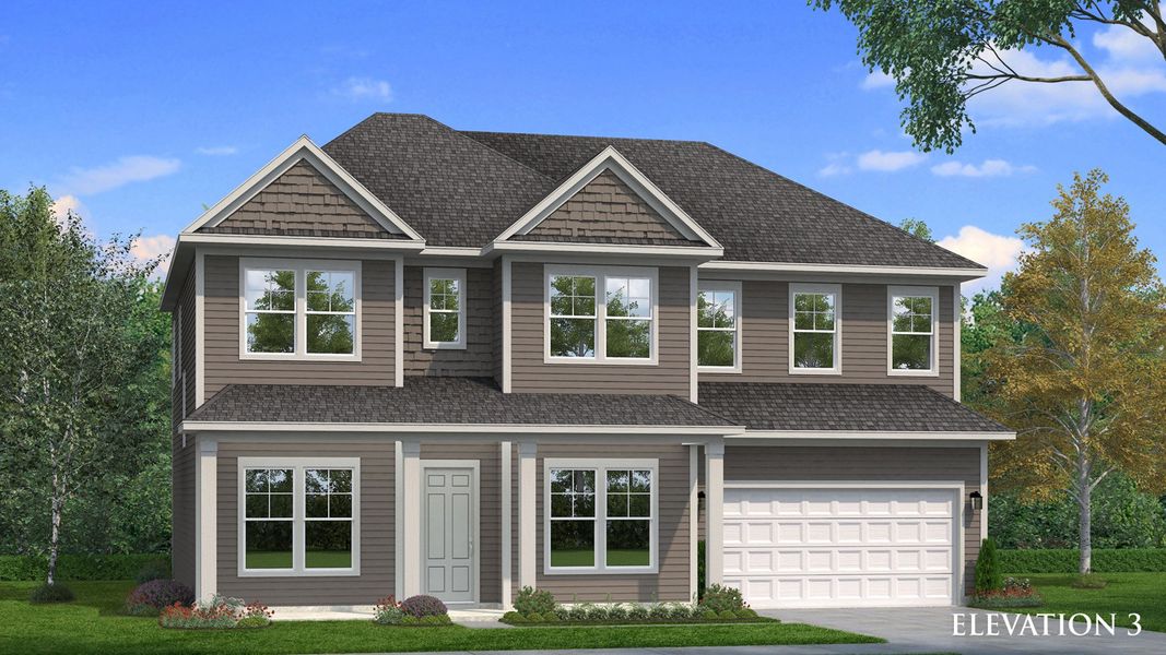 Exterior rendering of home with twin gables at the front and covered front porch