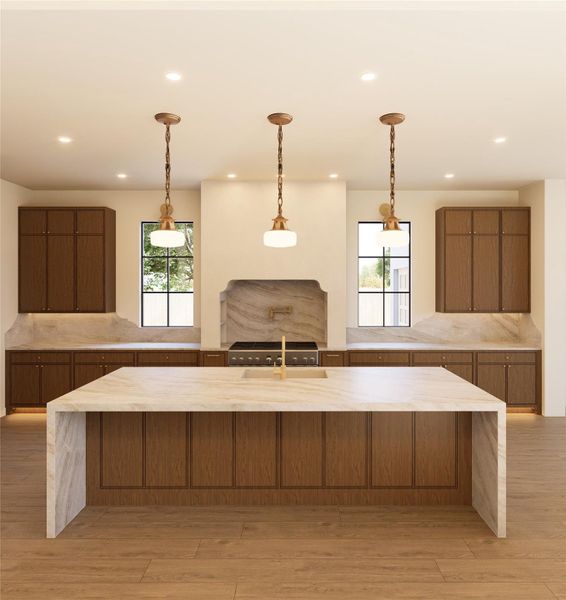 A masterclass in material and symmetry, this kitchen pairs rich white oak custom cabinetry with sculpted stone for a look that feels both grounded and elevated. The expansive island becomes a natural gathering point, designed for everything from casual mornings to curated evenings.