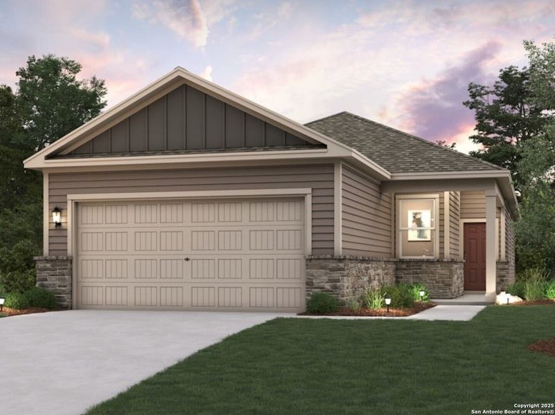 Front exterior of a new home in Park Place, New Braunfels, TX, highlighting curb appeal (Image 1). Front exterior of a new home in Park Place, New Braunfels, TX, highlighting curb appeal (Image 1).