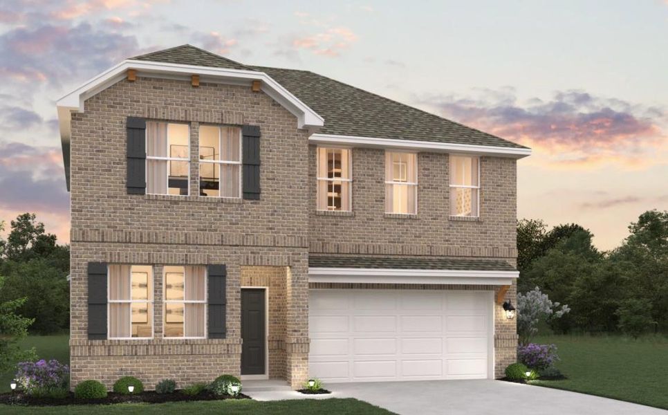 Front exterior of a new home in Covered Bridge, Hutto, TX, highlighting curb appeal (Image 1). Front exterior of a new home in Covered Bridge, Hutto, TX, highlighting curb appeal (Image 1).