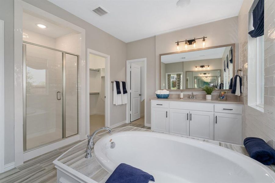 Bathroom featuring vanity, hardwood / wood-style floors, and plus walk in shower