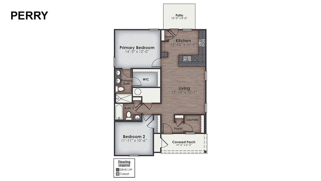 2D floor plan layout for the PERRY by D.R. Horton in The Cottages at Blake Farm, Wilmington, NC (Image 5).