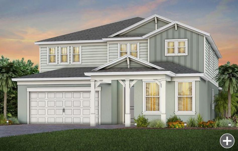 Front exterior of a new home in EverBe, Orlando, FL, highlighting curb appeal (Image 1). Front exterior of a new home in EverBe, Orlando, FL, highlighting curb appeal (Image 1).