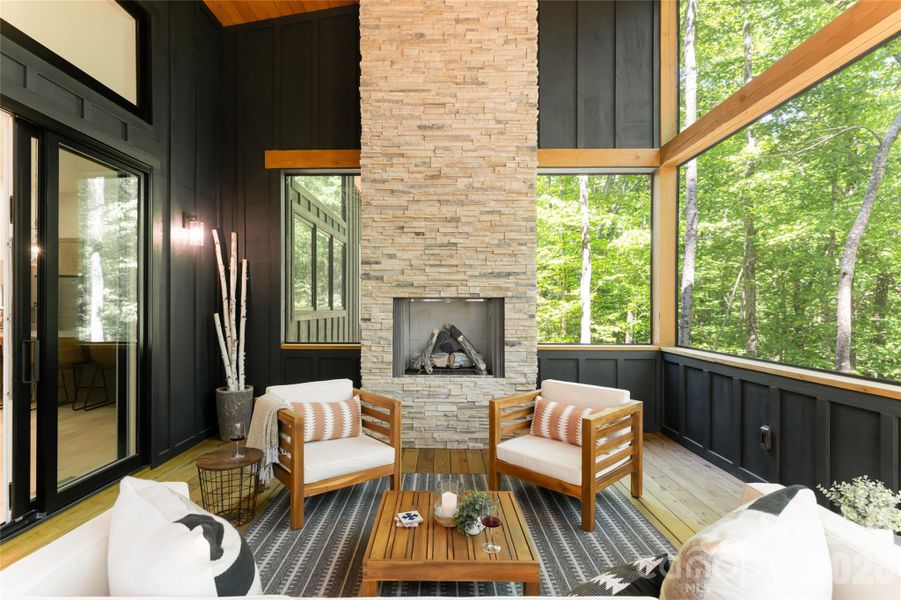 Floor to ceiling stacked stone fp captures the eye and makes a statement