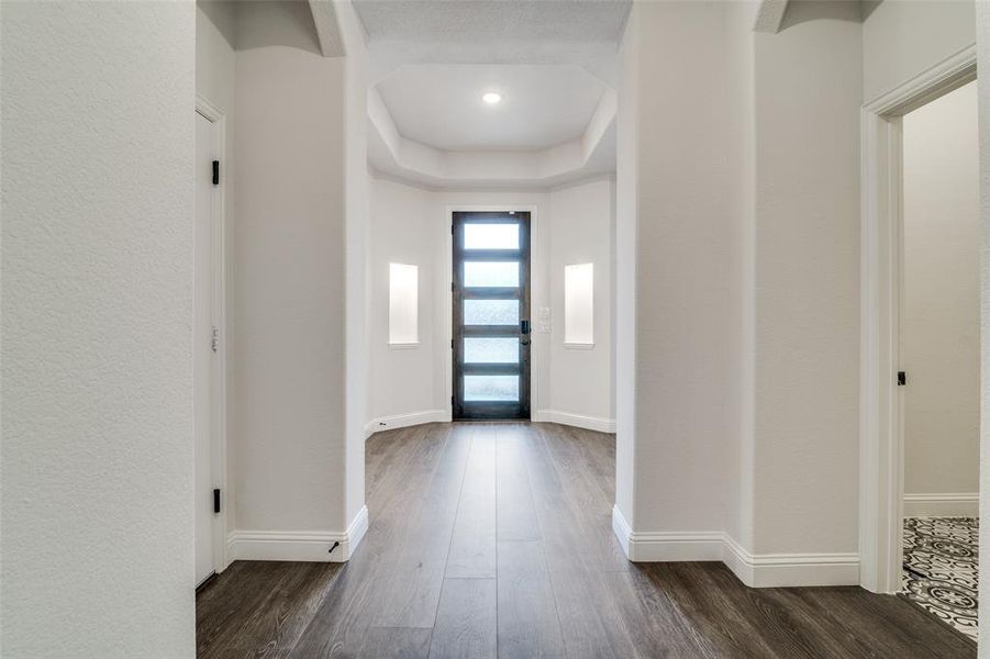 Spacious Foyer with a tray ceiling and dark hardwood / wood-style floors