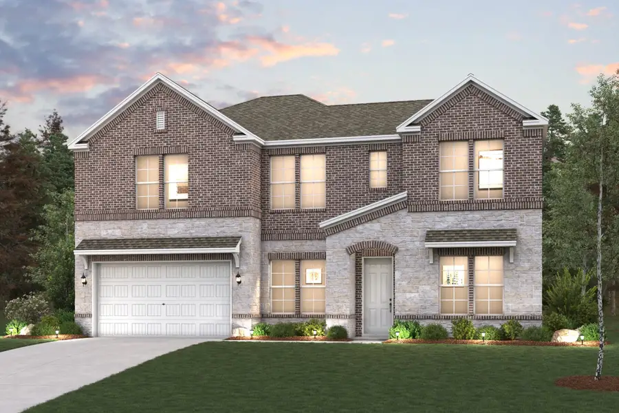 Front exterior of a new home in The Estates Collection at Overland Grove, Forney, TX, highlighting curb appeal (Image 1).