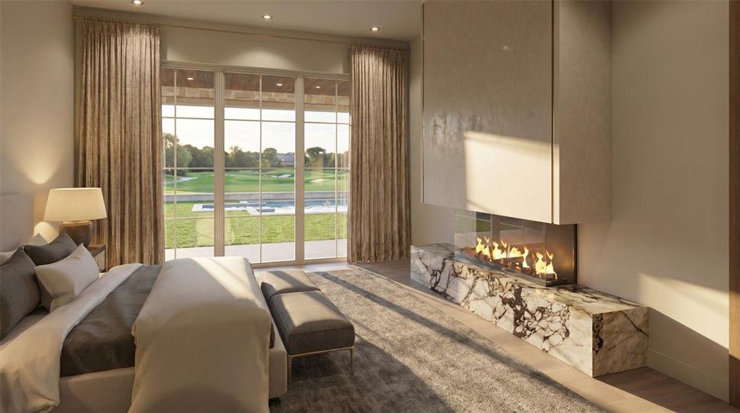 Contemporary fireplace with a stone surround and linear glass-enclosed firebox Contemporary fireplace with a stone surround and linear glass-enclosed firebox