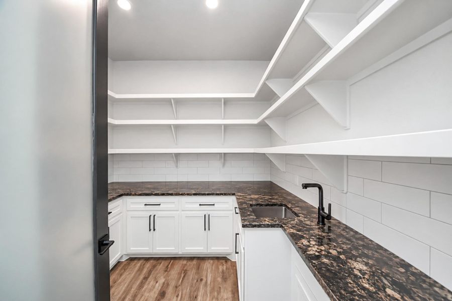 Sleek pantry featuring ample open shelving, elegant granite countertops, and stylish cabinetry with modern fixtures.