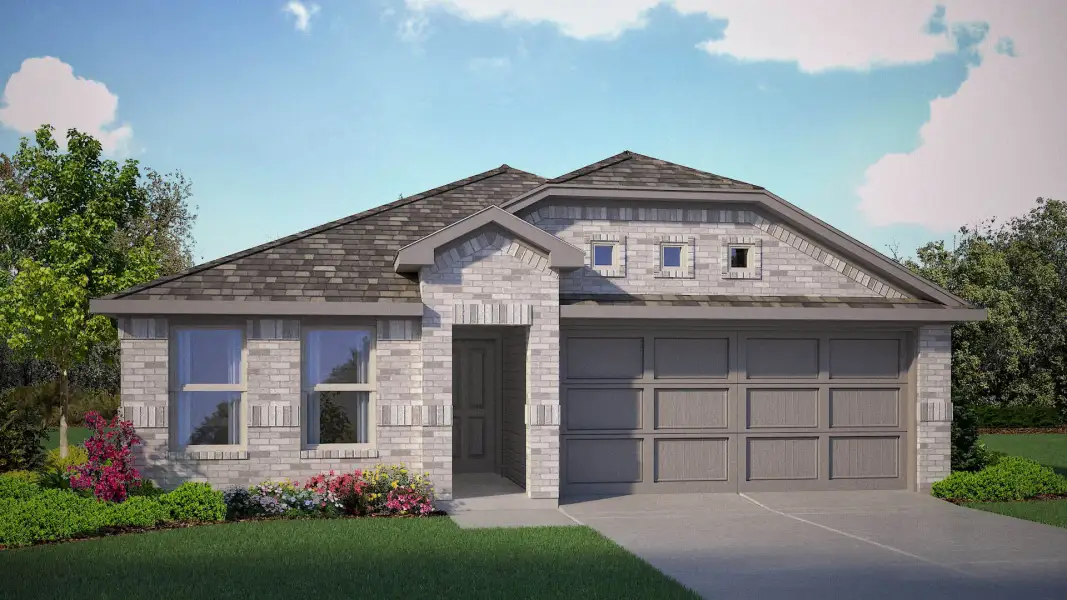Front exterior of a new home in The Canyons, Keene, TX, highlighting curb appeal (Image 1). Front exterior of a new home in The Canyons, Keene, TX, highlighting curb appeal (Image 1).