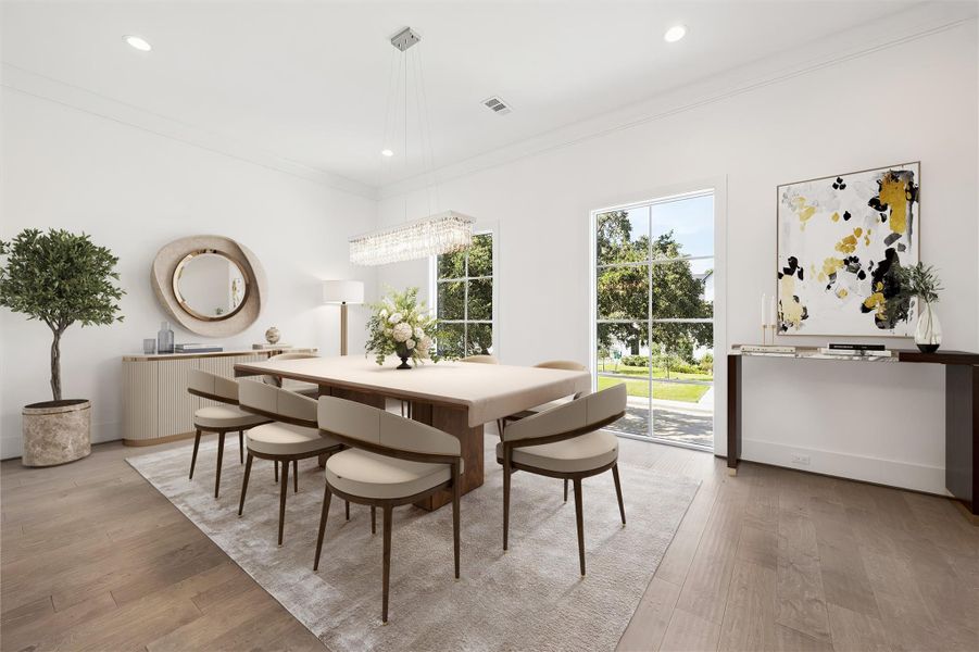 The spacious dining room presents space for a large table and additional dining furniture and connects to a butler's pantry leading to a home chef's dream kitchen. Oversized windows with front facing views allow for natural light. *Virtually staged. The spacious dining room presents space for a large table and additional dining furniture and connects to a butler's pantry leading to a home chef's dream kitchen. Oversized windows with front facing views allow for natural light. *Virtually staged.