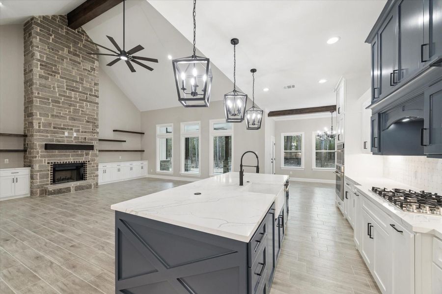 Chef's dream kitchen. 36 inch THOR gas cooktop.  Island with bib front sink and bronze fixture and quartz counters. Pop-up charger and plug in the counter.  Pull out trash bin holder and dish washer in the island.