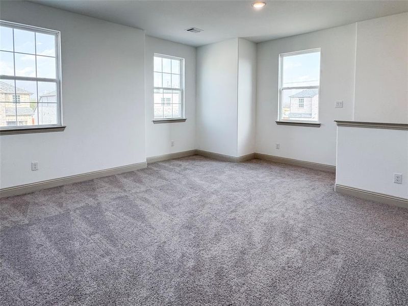 Carpeted spare room featuring visible vents, baseboards, and a healthy amount of sunlight