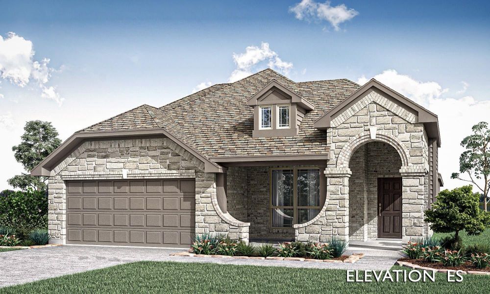 Single-story home with stone exterior, arched entryway, and two-car garage, Elevation ES rendering Single-story home with stone exterior, arched entryway, and two-car garage, Elevation ES rendering