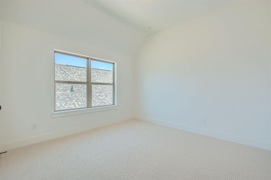 Carpeted spare room with lofted ceiling