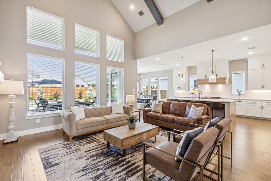 Living room with hardwood / wood-style floors and high vaulted ceiling