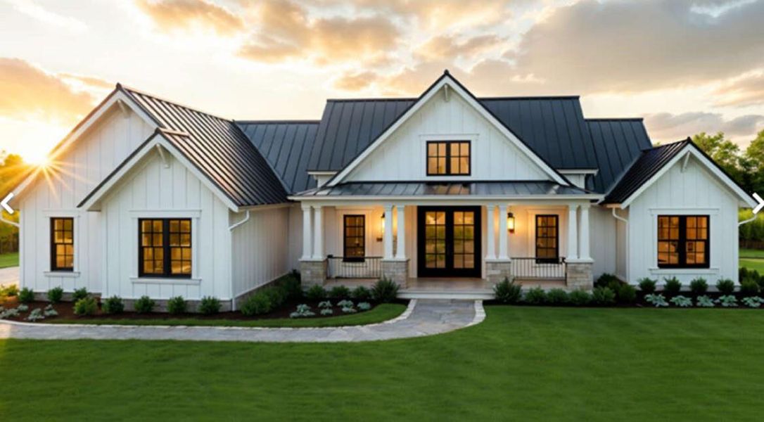 Modern inspired farmhouse with board and batten siding, a porch, a front lawn, and a standing seam roof Modern inspired farmhouse with board and batten siding, a porch, a front lawn, and a standing seam roof