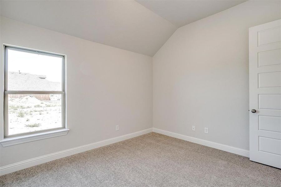 Unfurnished room featuring carpet flooring and vaulted ceiling